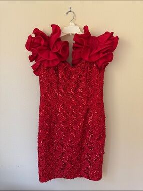 Dave & Johnny Red Sequin Ruffle-Shoulder Cocktail Dress